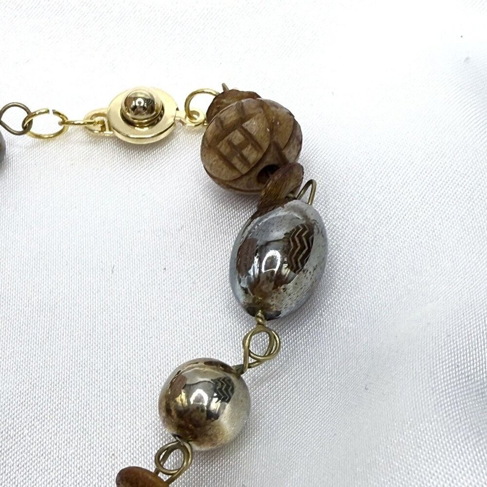 Reimagined Tan Iridescent Glass Wood Bead Bracelet - Picture 4 of 8